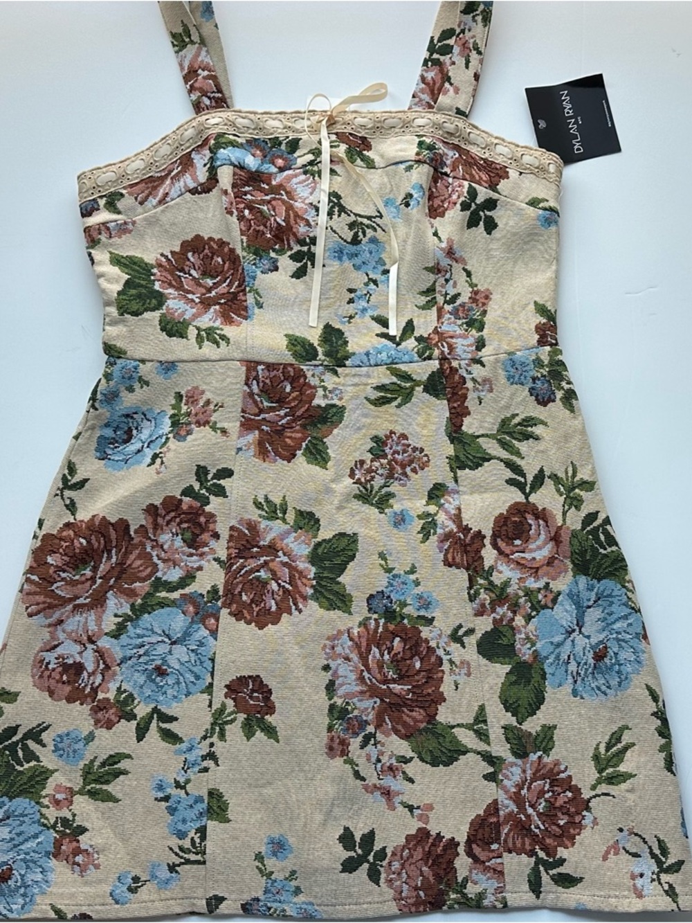 dylan Cream Floral Mini Dress with Blue & Brown Blooms tapestry